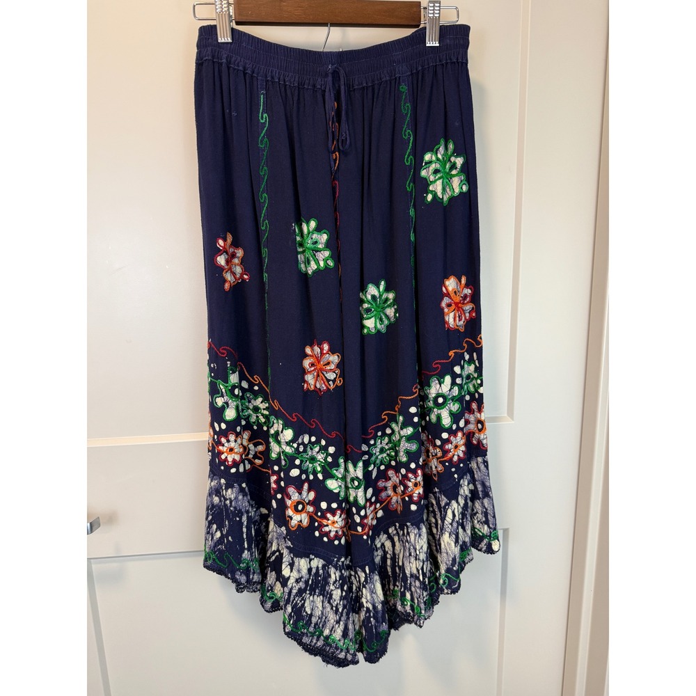 Shoreline USA Boho Embroidered‎ Festival Asymmetrical Midi Skirt One Size Navy